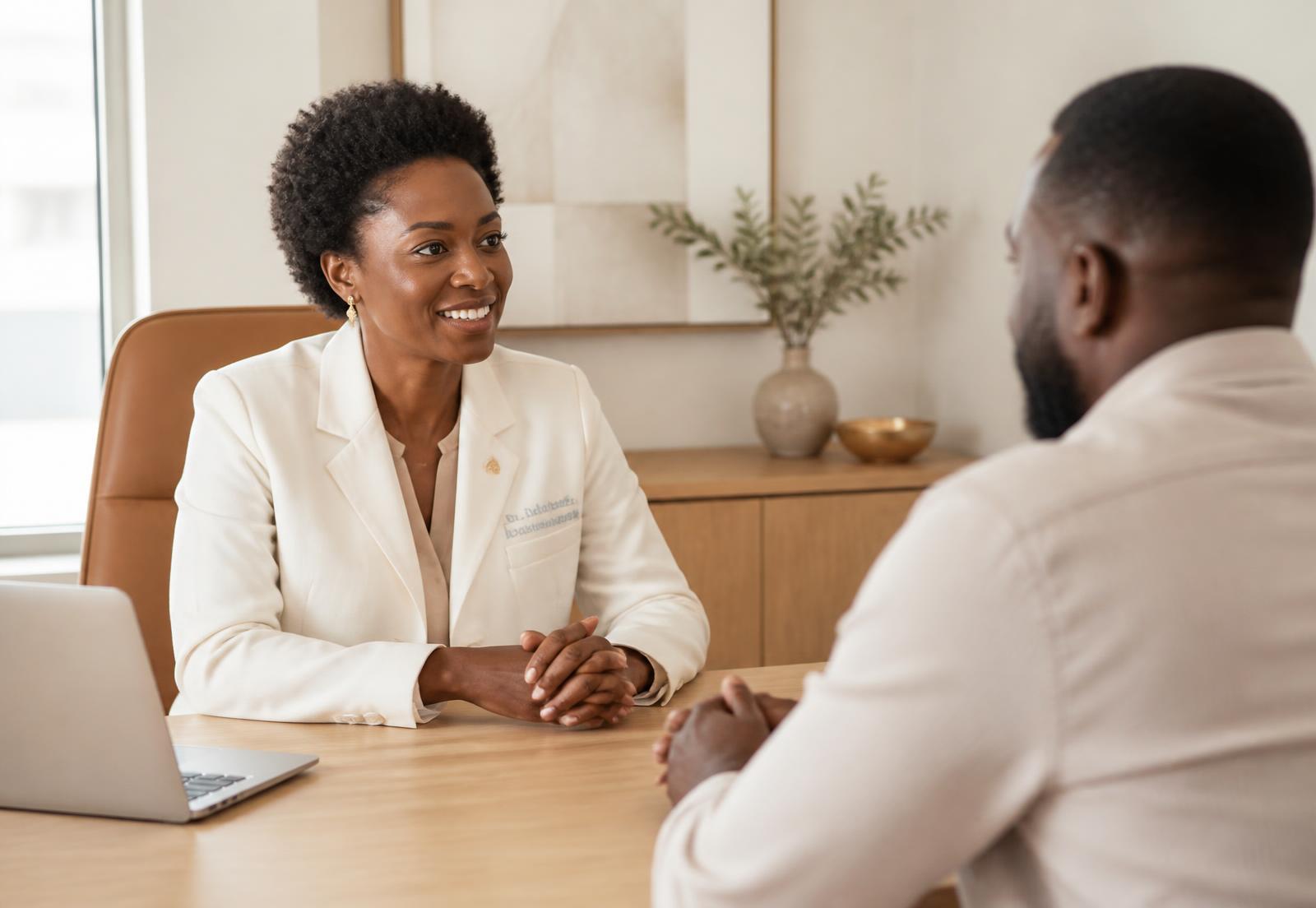 Doctor and client in a warm private consultation room